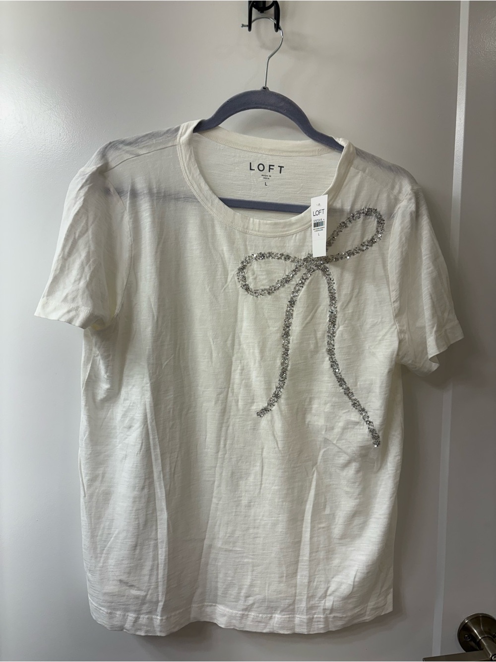 NWT LOFT White Sequin Bow Knit Short Sleeve Tee SZ L